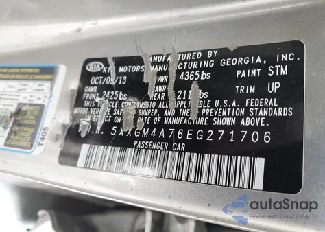 2014 Kia Optima Lx z USA, uszkodzony, nr VIN 5XXGM4A76EG271706